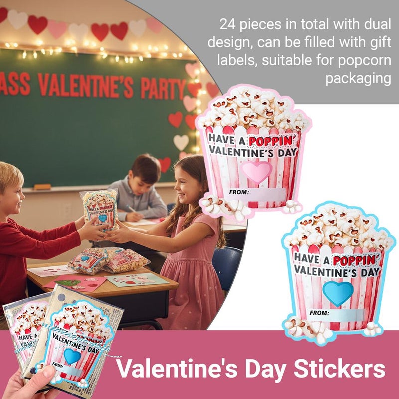 Have a Poppin Valentines Day Sticker, 24pcs Valentine's Day Labels, Popcorn Valentine Stickers for Valentines Birthday Gifts Party Favors Decoration - Image 2